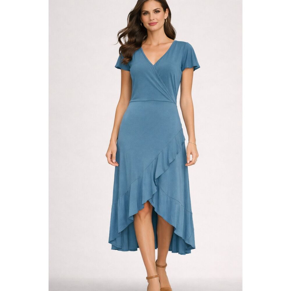 Juicy Couture Teal Blue Faux Wrap Midi Dress Hi-Low Ruffle Hem Flutter Sleeve M